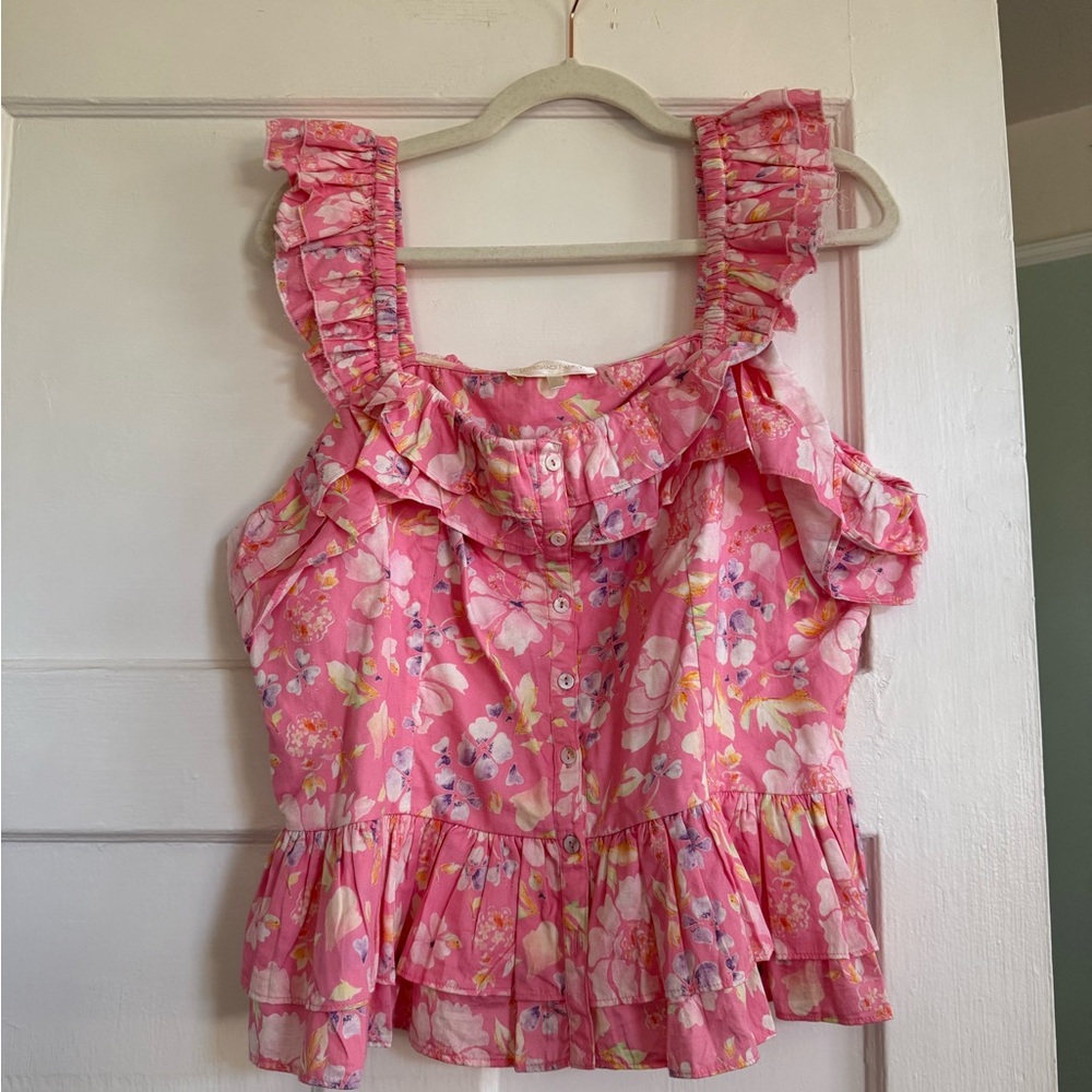 LOVESHACKFANCY XL Floral Pink cotton Ruffled Blouse